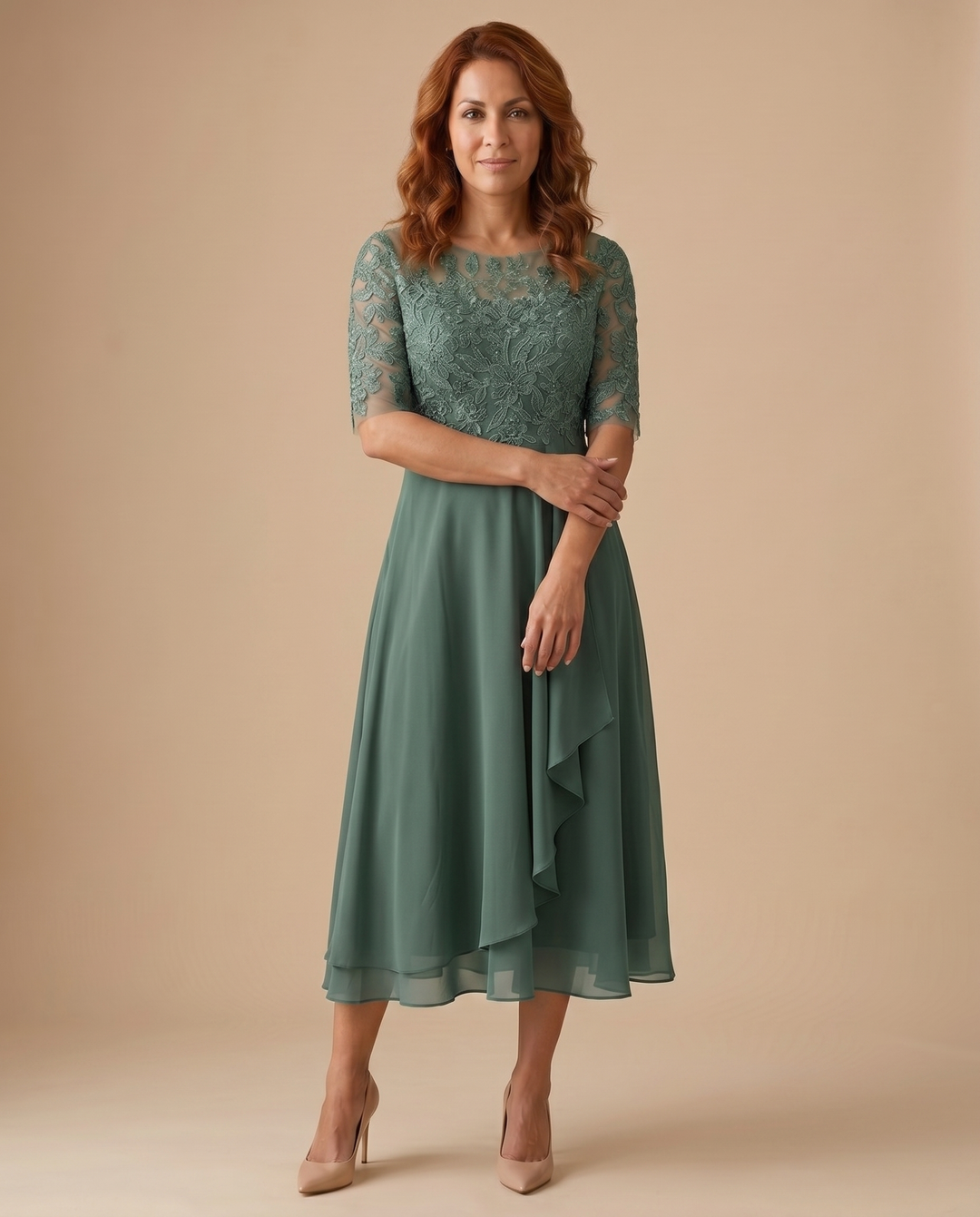 women's lace midi dress in green, front