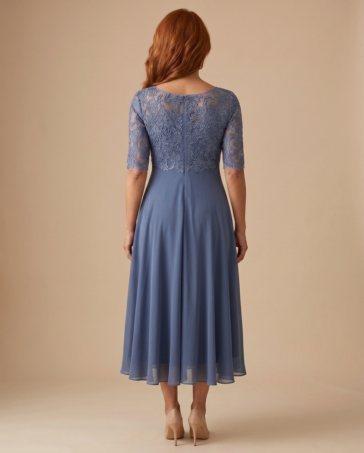 women's lace midi dress in purple, back