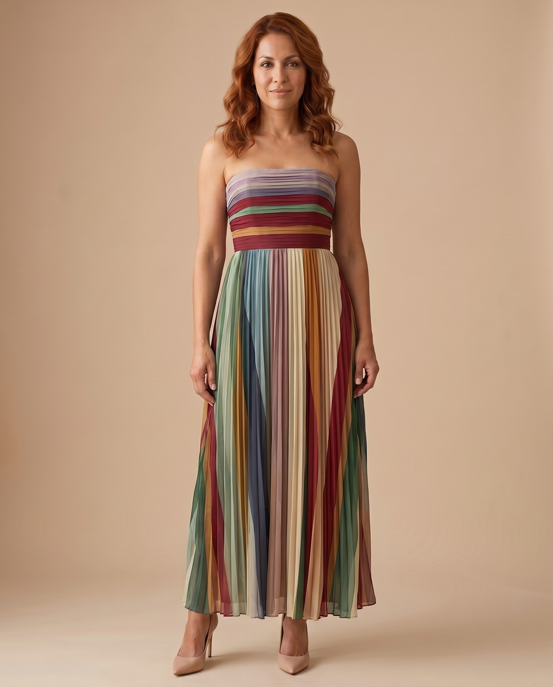 women's strapless pleated colorful maxi dress, front