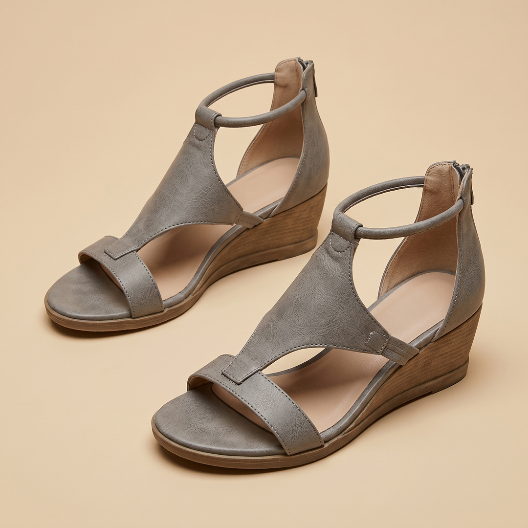 gray vegan leather wedge sandals, pair