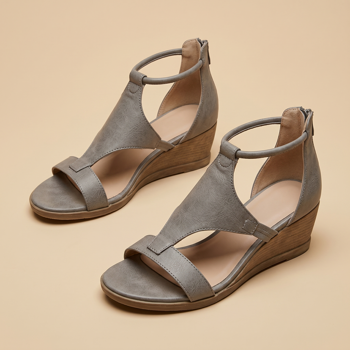 gray vegan leather wedge sandals, pair