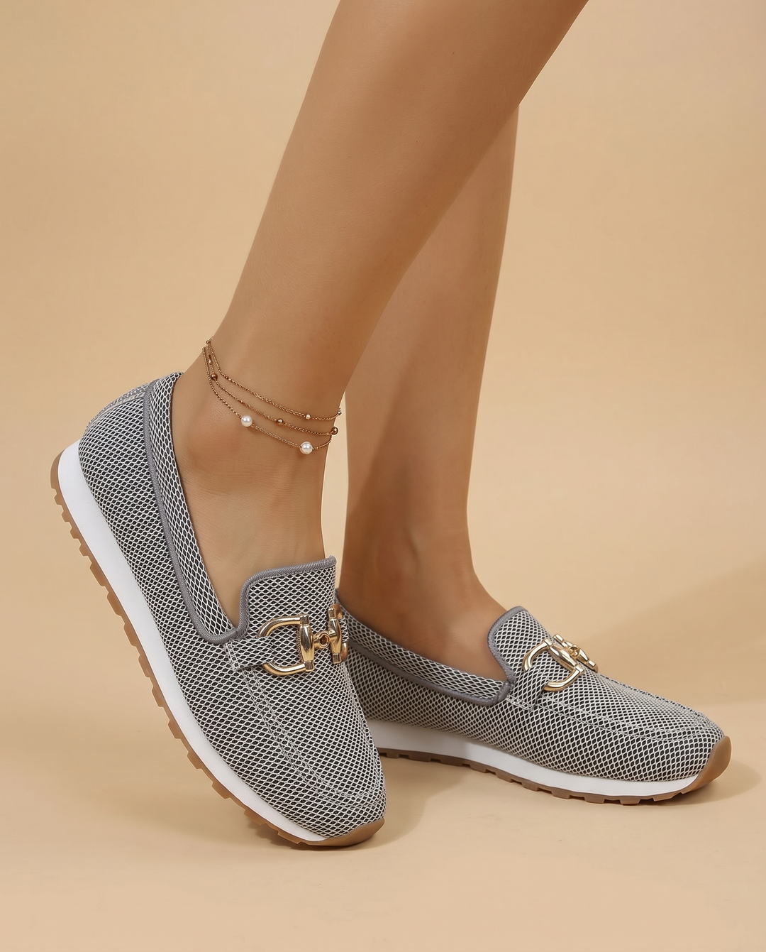 gray mesh sneaker loafers, on foot