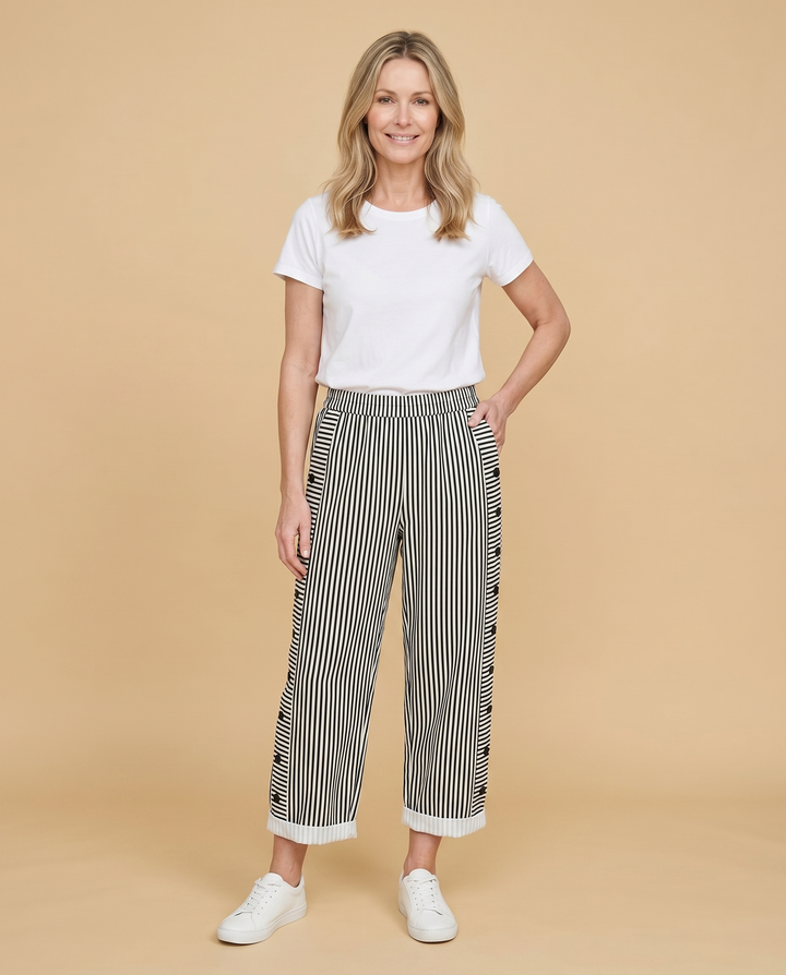 black pinstripe wide-leg pants front