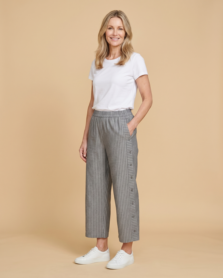 gray pinstripe wide-leg pants front