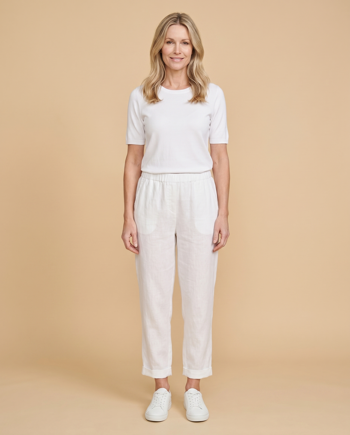white linen tapered trousers front