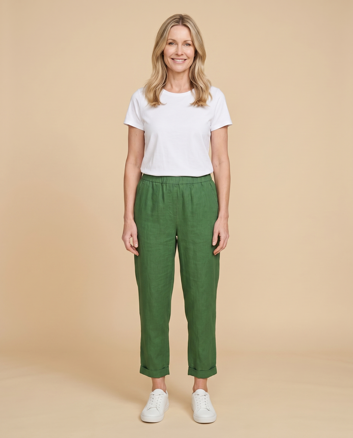 green linen tapered trousers front
