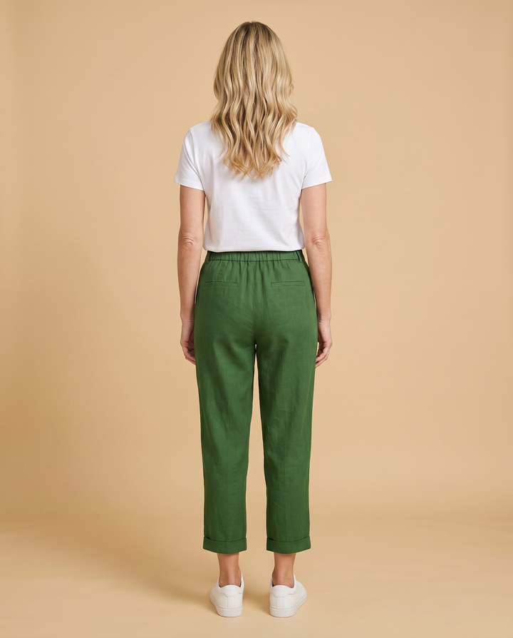 green linen tapered trousers back