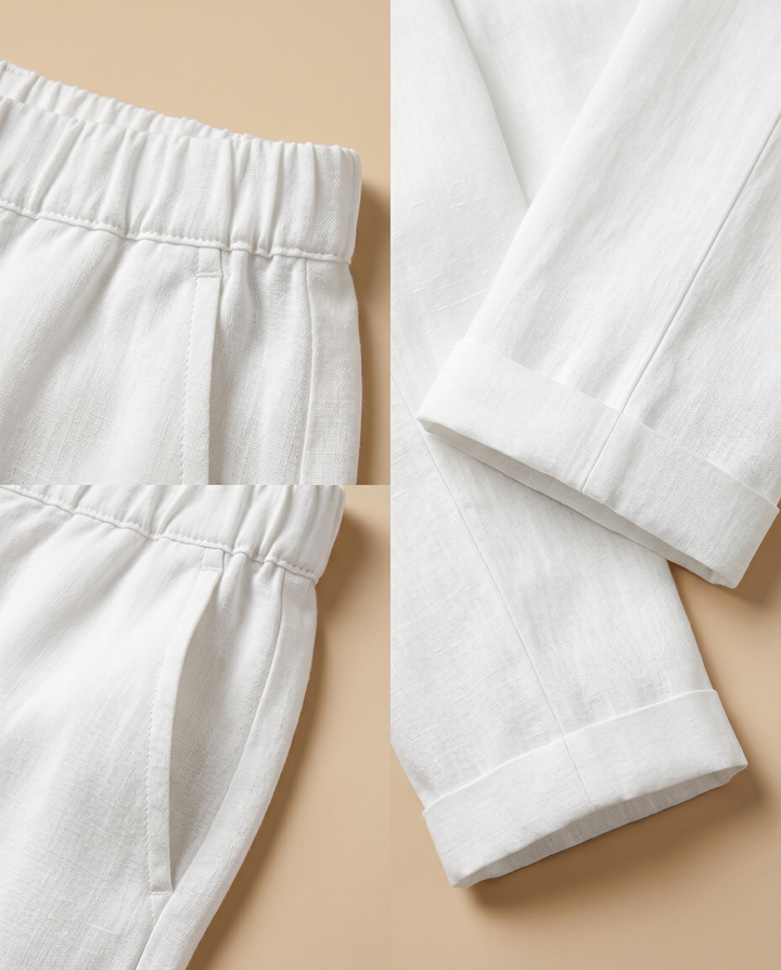 linen trousers waist and hem detail